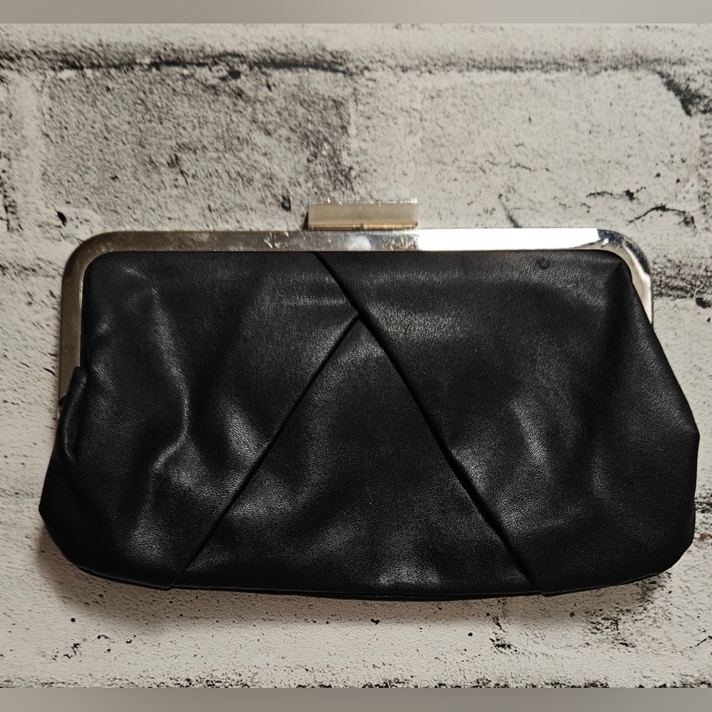 Black Faux Leather Clutch Kiss Lock Evening Bag Minimal Chic